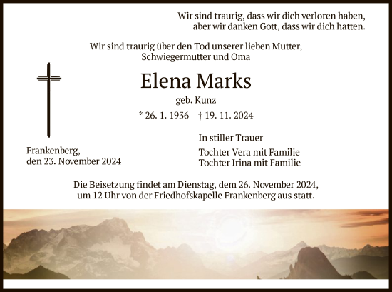 Traueranzeige von Elena Marks von HNA