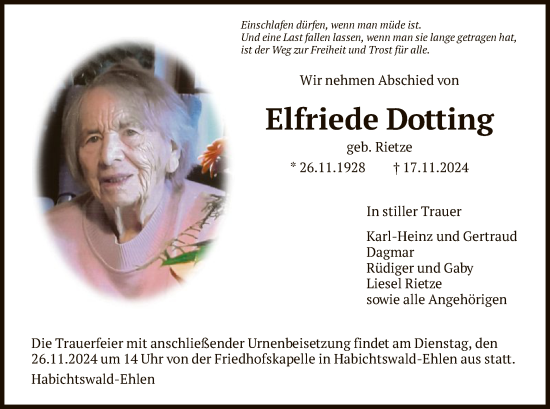 Traueranzeige von Elfriede Dotting von HNA