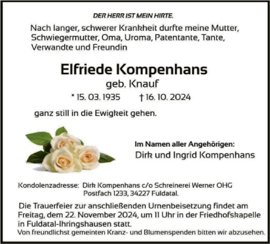 Traueranzeige von Elfriede Kompenhans von HNA