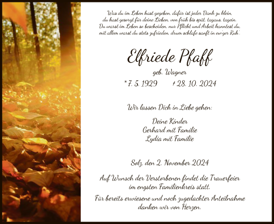 Traueranzeige von Elfriede Pfaff von HNA