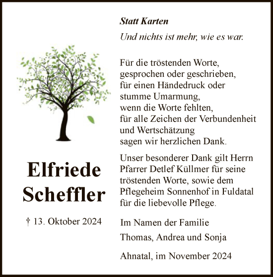 Traueranzeige von Elfriede Scheffler von HNA