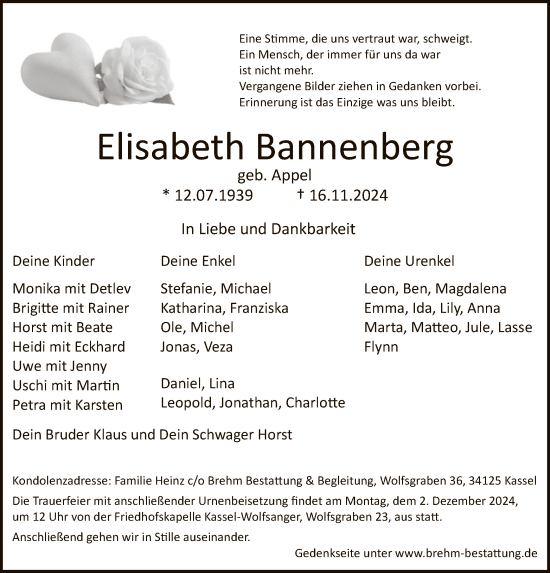 Traueranzeige von Elisabeth Bannenberg von HNA