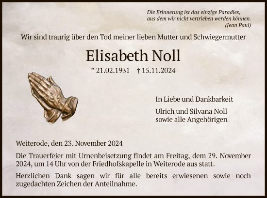 Traueranzeige von Elisabeth Noll von HNA