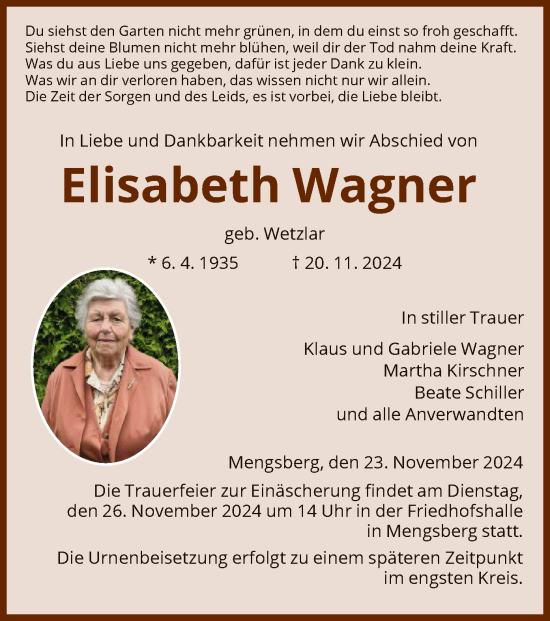 Traueranzeige von Elisabeth Wagner von HNAHNA