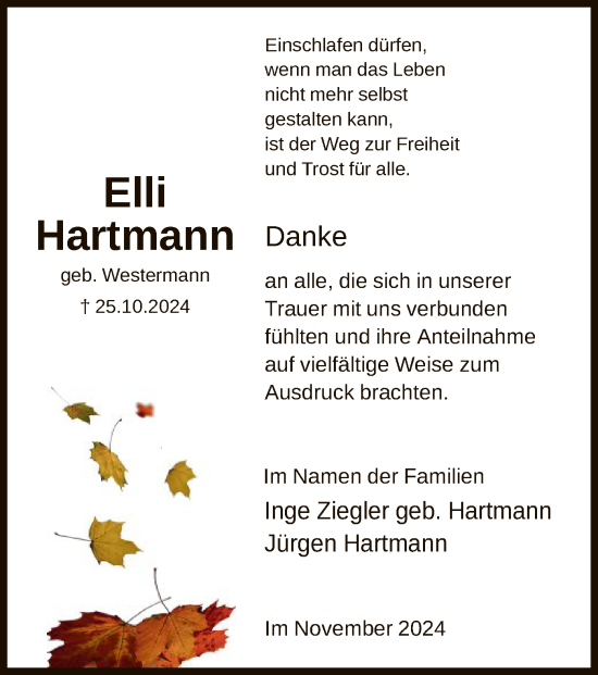 Traueranzeige von Elli Hartmann von HNA