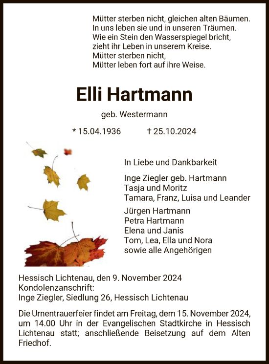 Traueranzeige von Elli Hartmann von HNA
