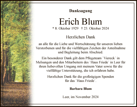 Traueranzeige von Erich Blum von HNA