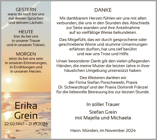 Traueranzeige von Erika Grein von HNA