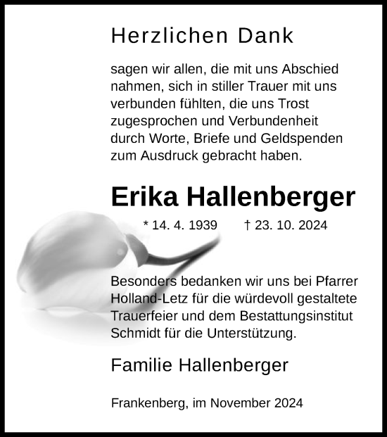 Traueranzeige von Erika Hallenberger von HNA
