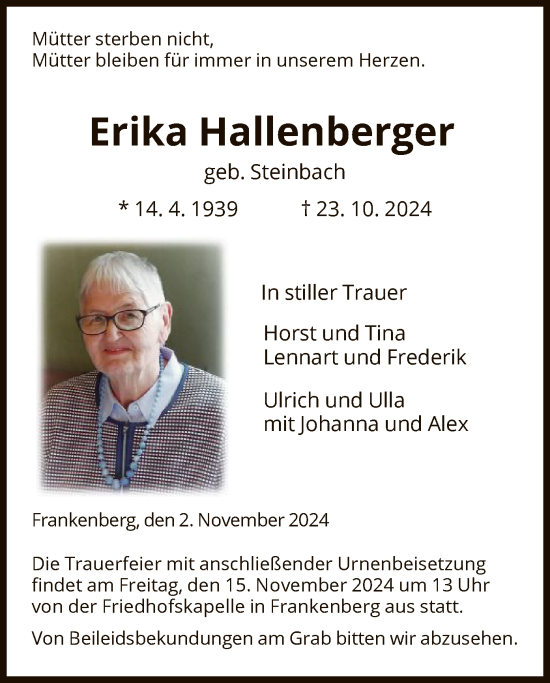 Traueranzeige von Erika Hallenberger von HNA