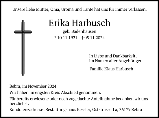 Traueranzeige von Erika Harbusch von HNA