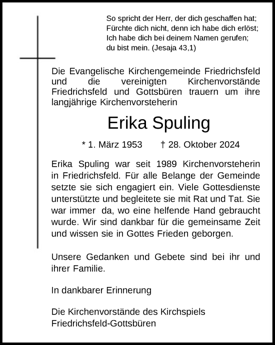 Traueranzeige von Erika Spuling von HNA