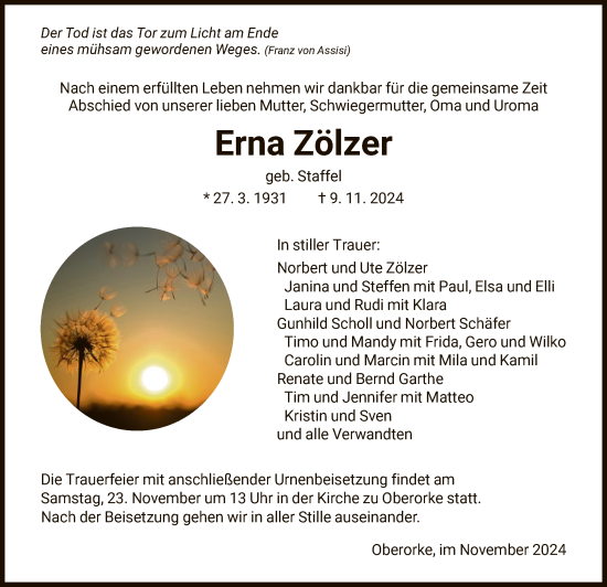 Traueranzeige von Erna Zölzer von HNA