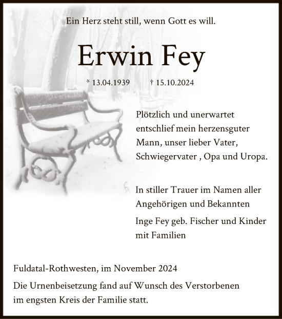 Traueranzeige von Erwin Fey von HNA
