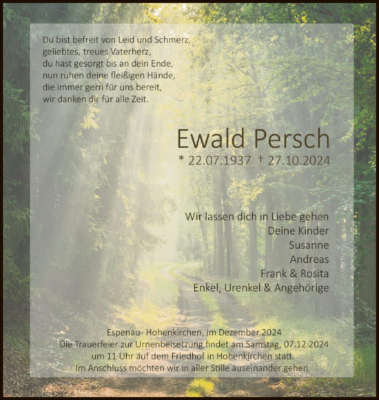 Traueranzeige von Ewald Persch von HNA
