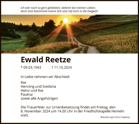 Traueranzeige von Ewald Reetze von HNA