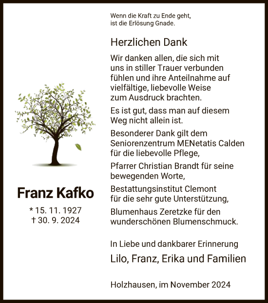 Traueranzeige von Franz Kafko von HNA