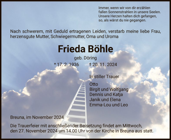 Traueranzeige von Frieda Böhle von HNA