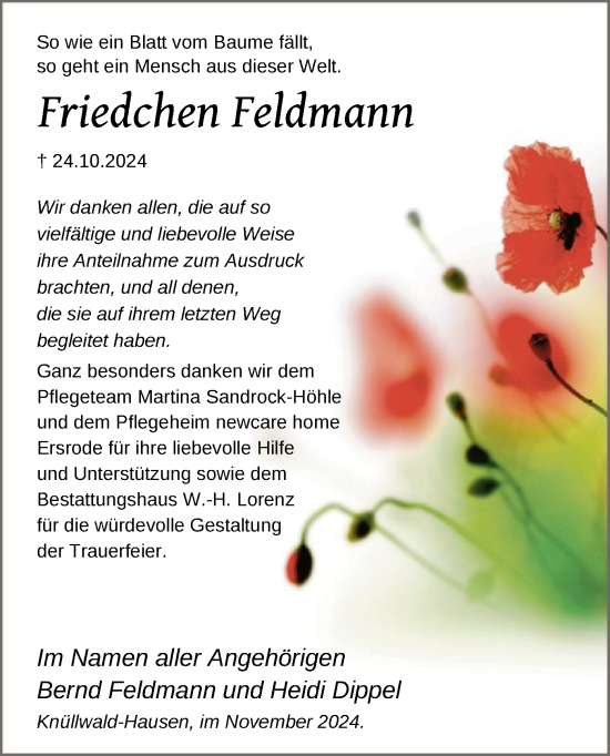 Traueranzeige von Friedchen Feldmann von HNAHNA
