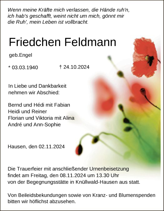 Traueranzeige von Friedchen Feldmann von HNA