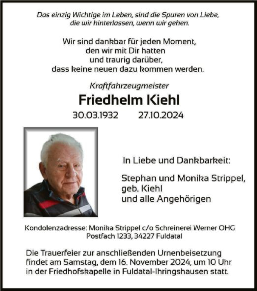  Traueranzeige für Friedhelm Kiehl vom 09.11.2024 aus HNA