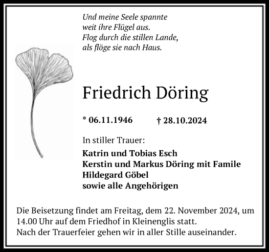 Traueranzeige von Friedrich Döring von HNA