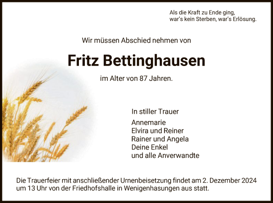 Traueranzeige von Fritz Bettinghausen von HNA