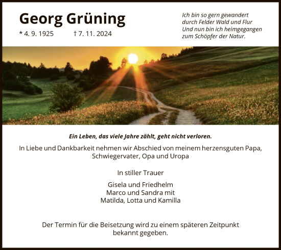 Traueranzeige von Georg Grüning von HNA