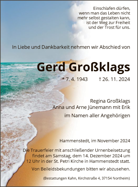 Traueranzeige von Gerd Großklags von HNA