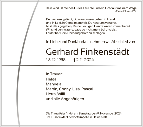 Traueranzeige von Gerhard Finkenstädt von HNA