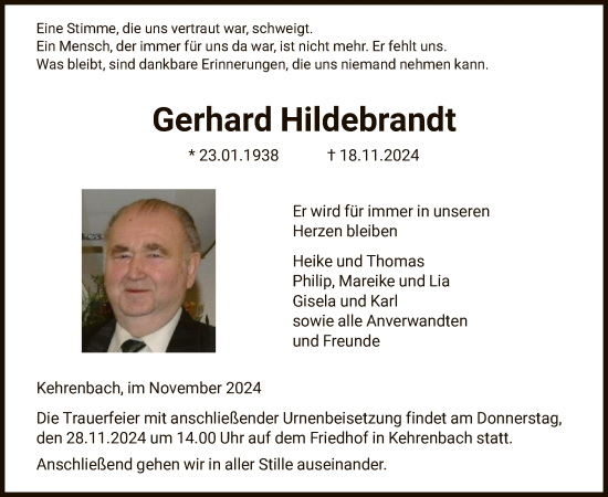 Traueranzeige von Gerhard Hildebrandt von HNA