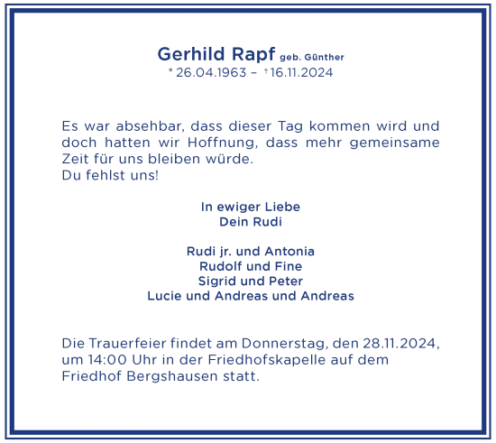 Traueranzeige von Gerhild Rapf von HNA