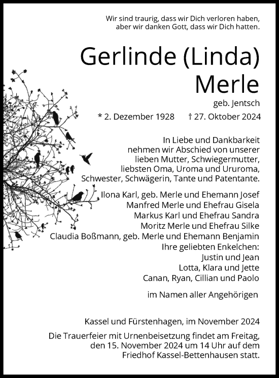 Traueranzeige von Gerlinde Merle von HNA