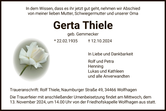 Traueranzeige von Gerta Thiele von HNA