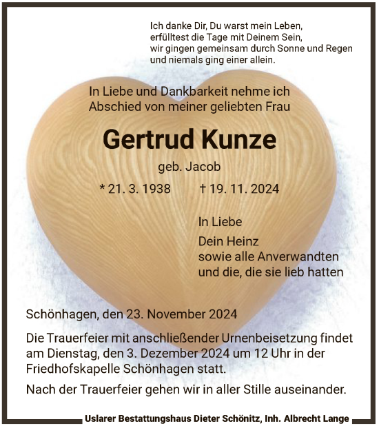 Traueranzeige von Gertrud Kunze von HNA