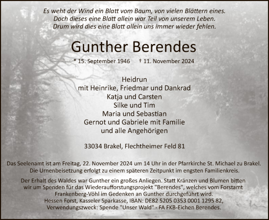 Traueranzeige von Gunther Berendes von HNA