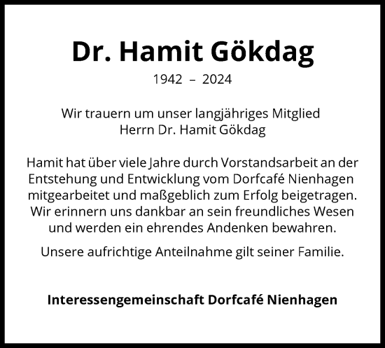 Traueranzeige von Hamit Gökdag von HNA