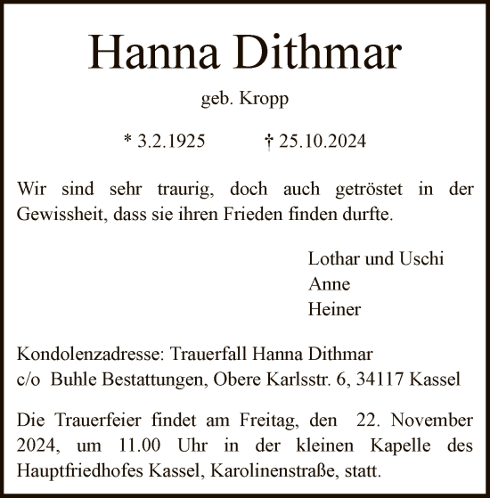 Traueranzeige von Hanna Dithmar von HNA