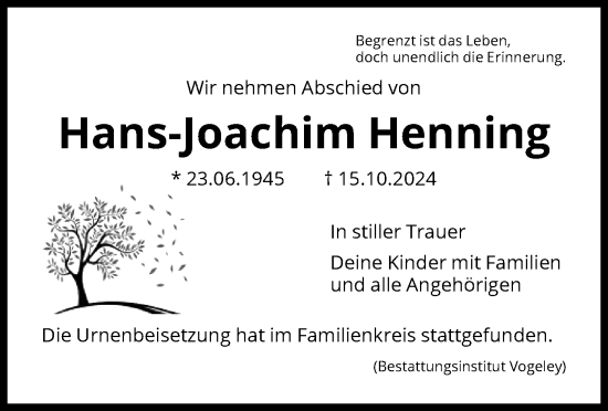 Traueranzeige von Hans-Joachim Henning von HNA