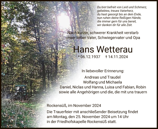 Traueranzeige von Hans Wetterau von HNAHNA