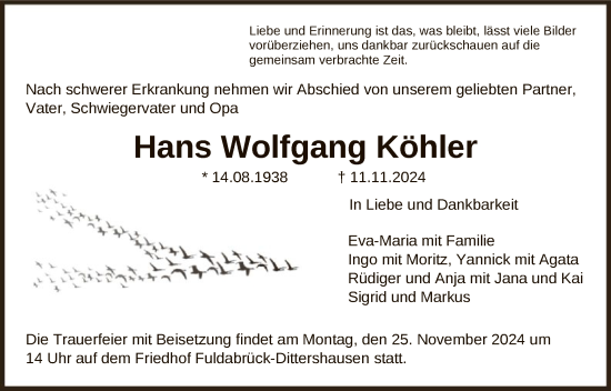 Traueranzeige von Hans Wolfgang Köhler von HNA