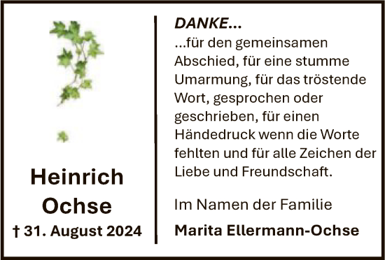 Traueranzeige von Heinrich Ochse von HNA