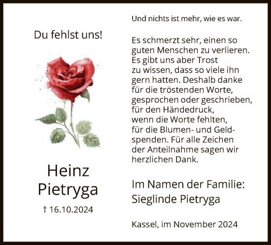 Traueranzeige von Heinz Pietryga von HNA