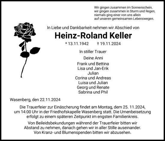 Traueranzeige von Heinz-Roland Keller von HNA