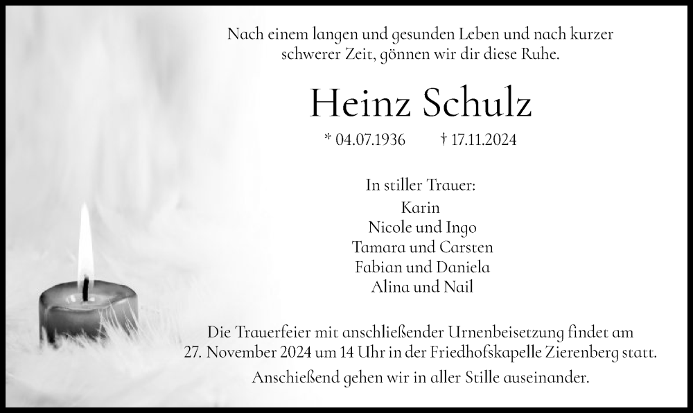  Traueranzeige für Heinz Schulz vom 22.11.2024 aus HNA