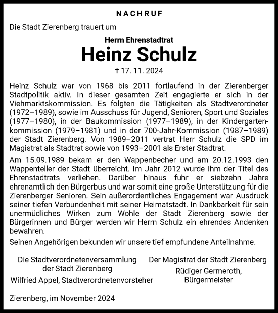 Traueranzeige von Heinz Schulz von HNA