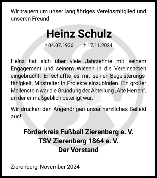 Traueranzeige von Heinz Schulz von HNA