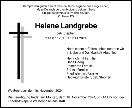 Traueranzeige von Helene Landgrebe von HNA