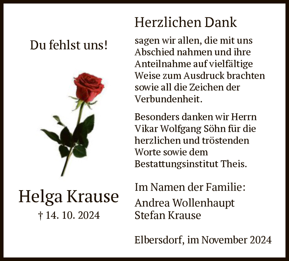  Traueranzeige für Helga Krause vom 16.11.2024 aus HNA