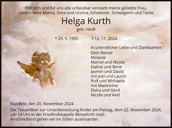 Traueranzeige von Helga Kurth von HNA